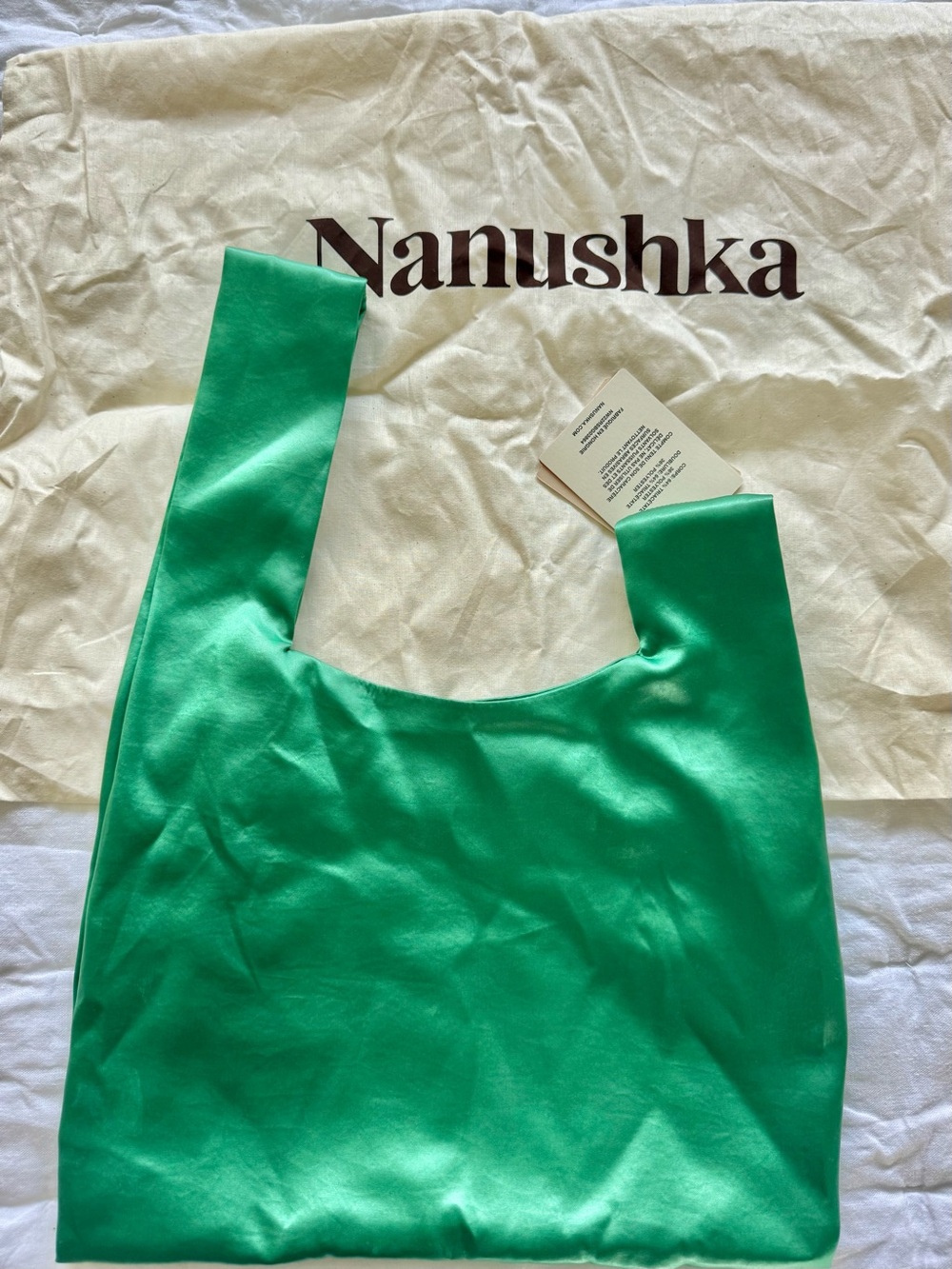 NANUSHKA Jen Glossy Satin Top Handle Bag Emerald NWT & Dustbag - Picture 7 of 7